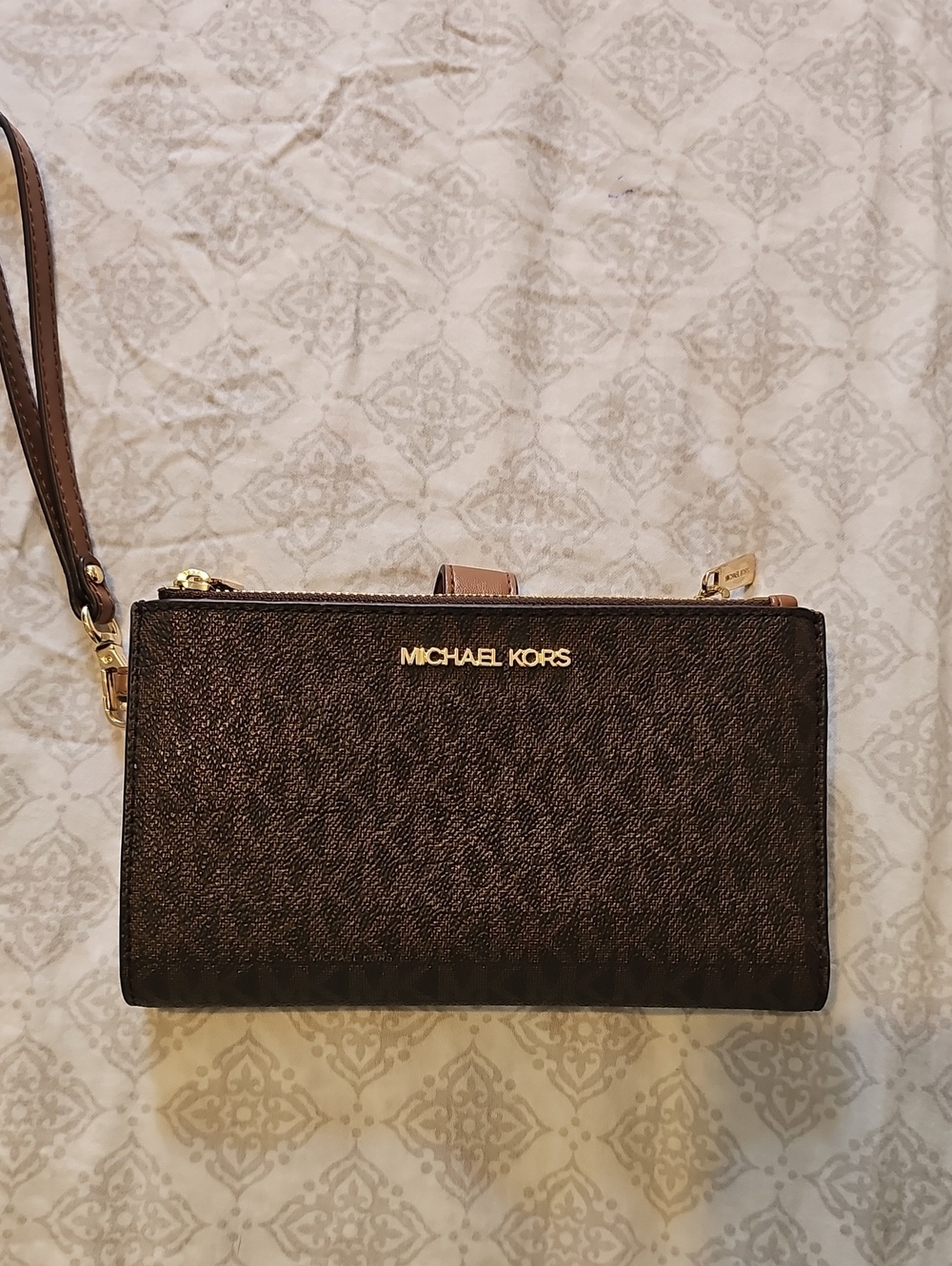Michael Kors Brown Signature Wristlet with Gold Logo